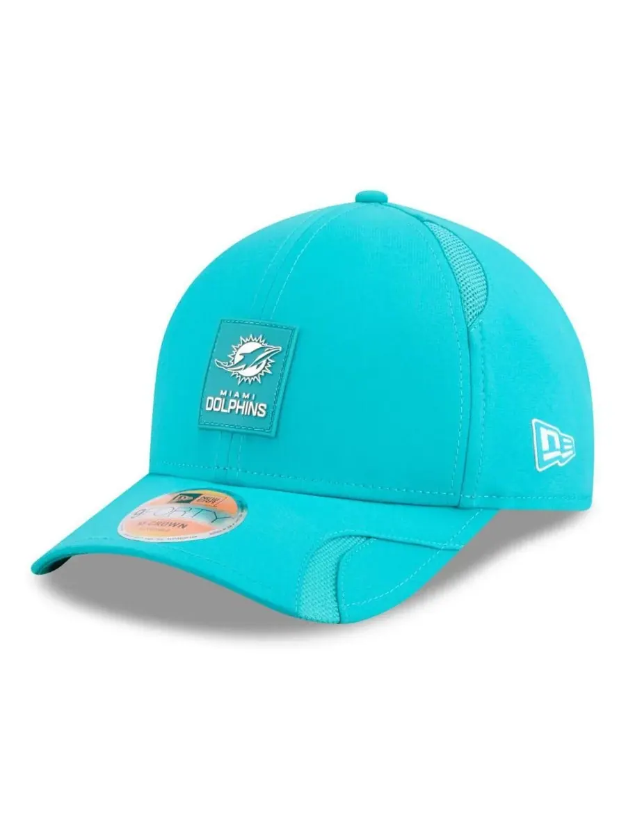 Мужская кепка Aqua Miami Dolphins 2025 Sideline M-Crown 9FORTY с регулируемой застежкой New Era