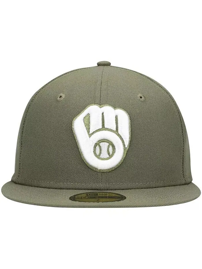 Мужская оливковая шляпа с логотипом Milwaukee Brewers, белая 59Fifty, приталенная шляпа New Era — изображение 3 из 3