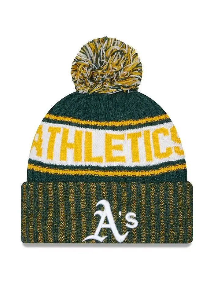 Мужская зеленая вязаная шапка Oakland Athletics с манжетами и помпоном New Era — изображение 1 из 1