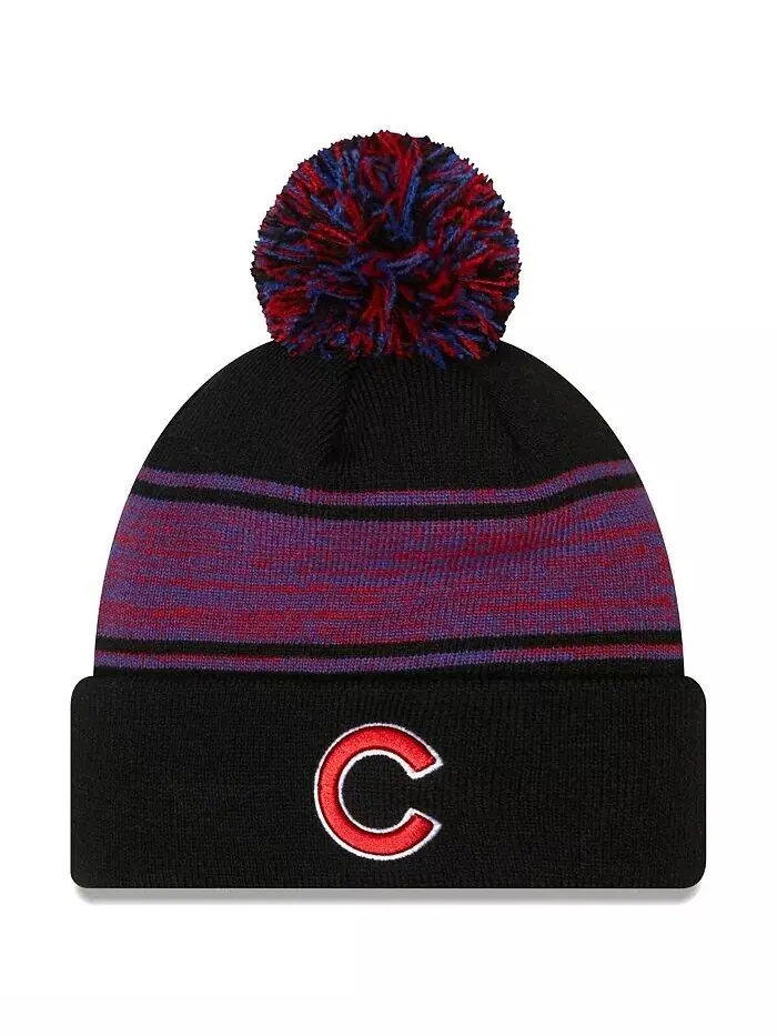 Мужская черная вязаная шапка Chicago Cubs с манжетами и помпоном New Era