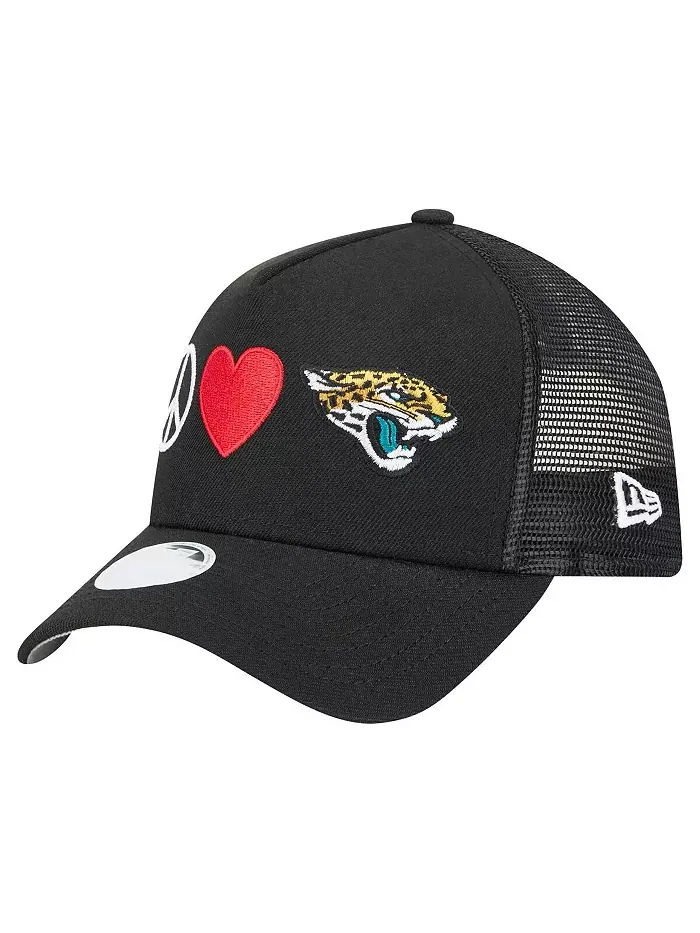 Женская регулируемая кепка 9FORTY Jacksonville Jaguars в черном цвете с принтом "Peace Love" New Era
