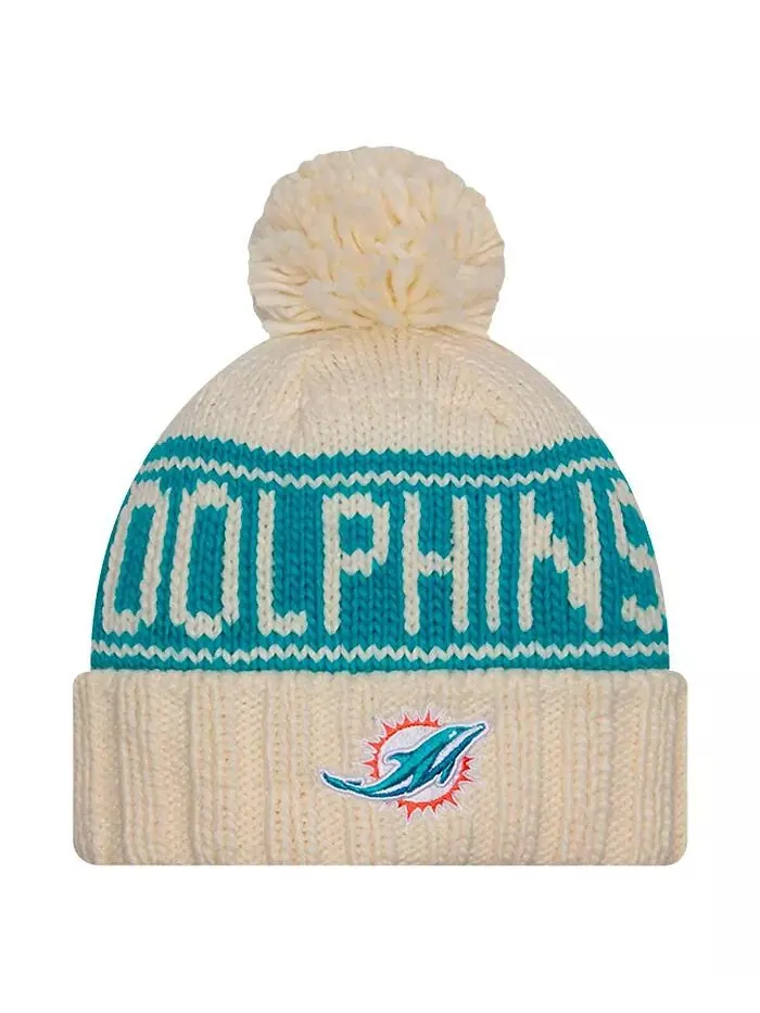 Женская кремовая вязаная шапка Miami Dolphins 2024 Sideline с манжетами и помпоном New Era
