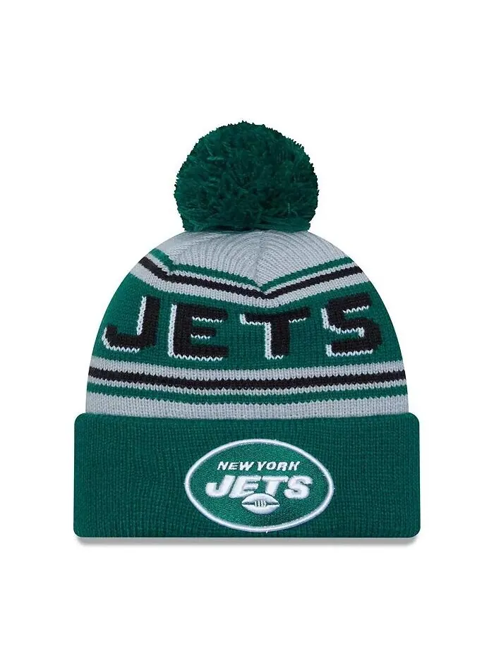 Мужская зеленая шапка New York Jets Main Cuffed Knit с помпоном New Era