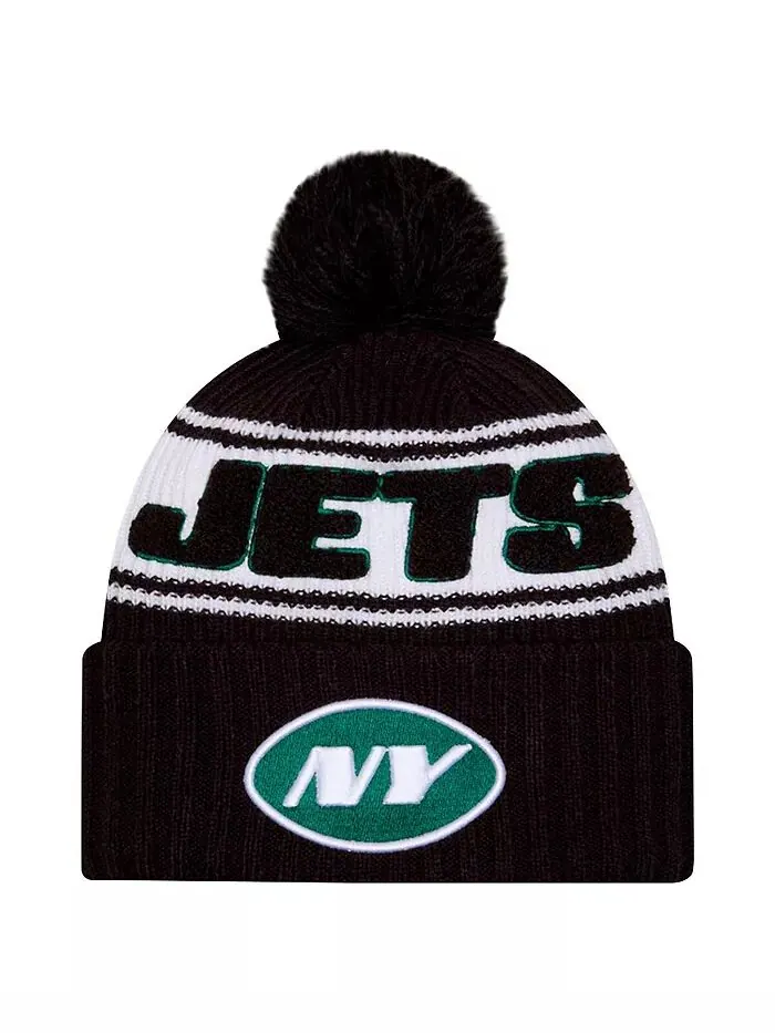 Мужская черная вязаная шапка New York Jets 2024 Sideline с манжетами и помпоном New Era