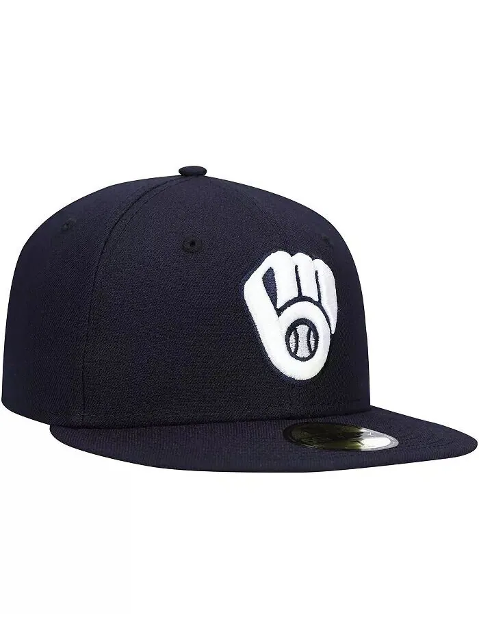 Мужская темно-синяя шляпа с логотипом Milwaukee Brewers, белая 59FIFTY, приталенная шляпа New Era — изображение 2 из 5