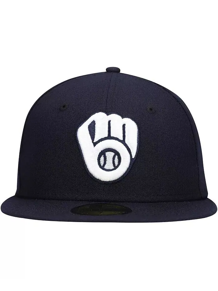 Мужская темно-синяя шляпа с логотипом Milwaukee Brewers, белая 59FIFTY, приталенная шляпа New Era — изображение 4 из 5