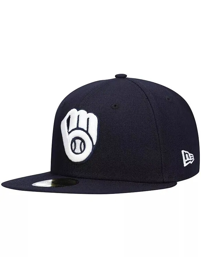 Мужская темно-синяя шляпа с логотипом Milwaukee Brewers, белая 59FIFTY, приталенная шляпа New Era — изображение 5 из 5