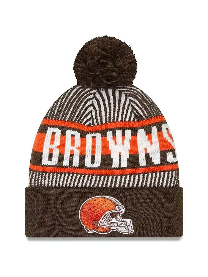 Мужская коричневая полосатая вязаная шапка Cleveland Browns с манжетами и помпоном New Era