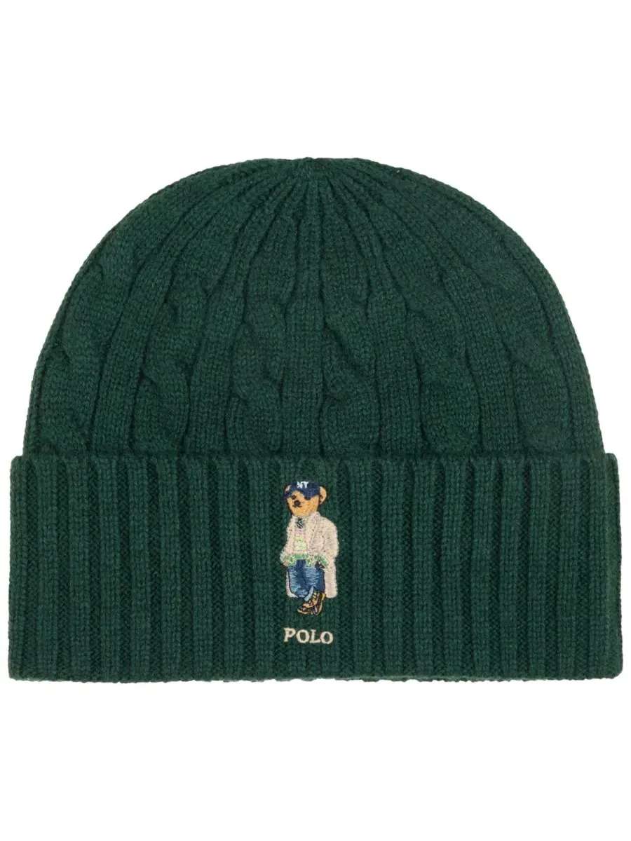Вязаная шапка-бини с косами и вышивкой Polo Ralph Lauren, Moss Agate