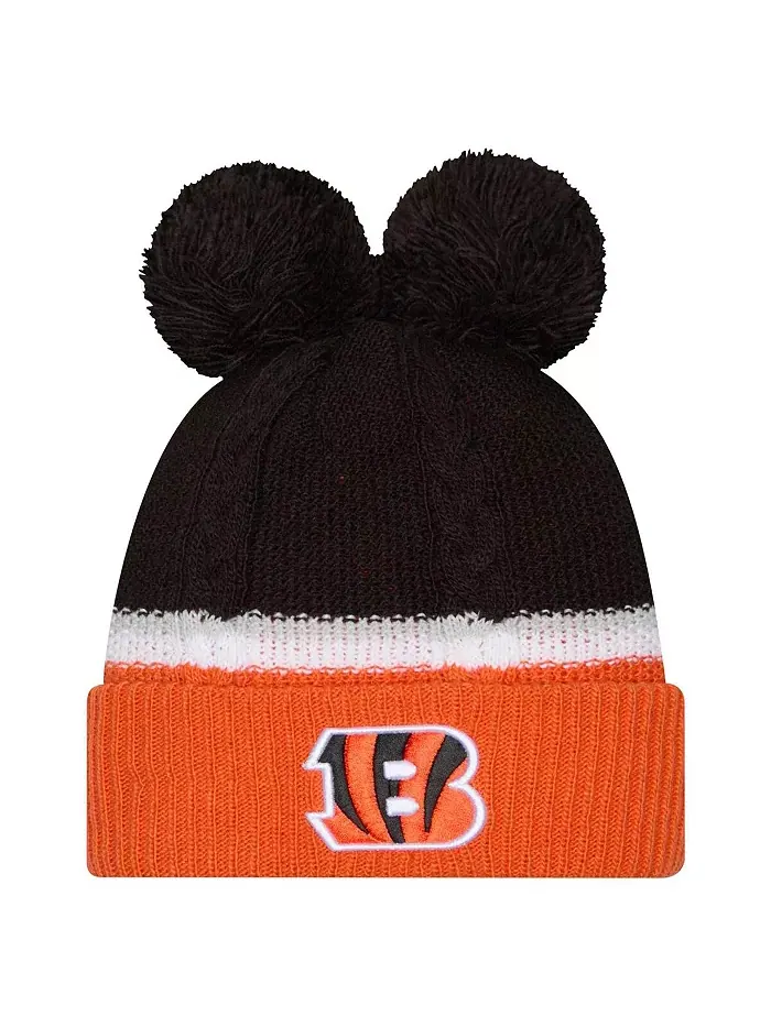 Женская черная вязаная шапка Cincinnati Bengals с двойным отворотом и помпонами New Era