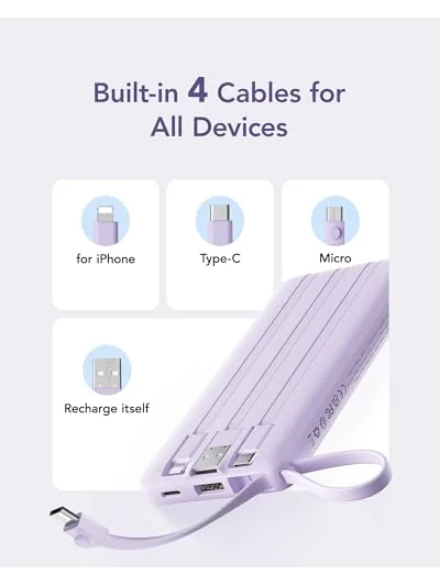 VRURC внешний аккумулятор 10000mAh Power Bank с встроенными кабелями — 5