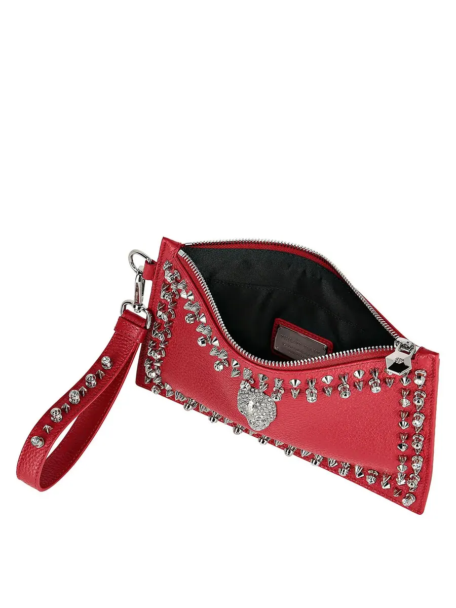 Клатч Philipp Plein из искусственной кожи с кристаллами и заклепками — изображение 3 из 4, красный