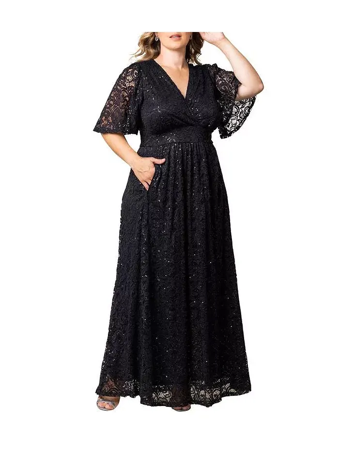 Вечернее платье с люрексом и кружевом Plus Size Luminous Sequin с карманами Kiyonna — изображение 1 из 5, оникс