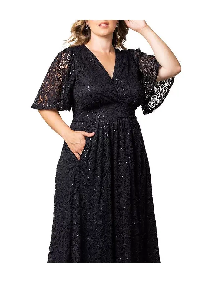 Вечернее платье с люрексом и кружевом Plus Size Luminous Sequin с карманами Kiyonna — изображение 4 из 5, оникс