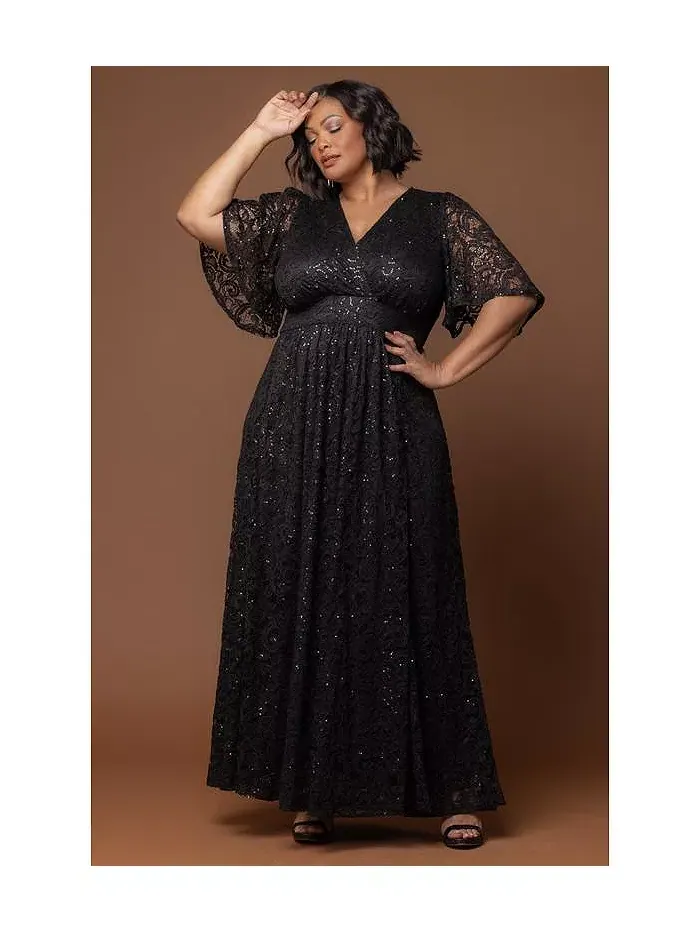 Вечернее платье с люрексом и кружевом Plus Size Luminous Sequin с карманами Kiyonna — изображение 5 из 5, оникс