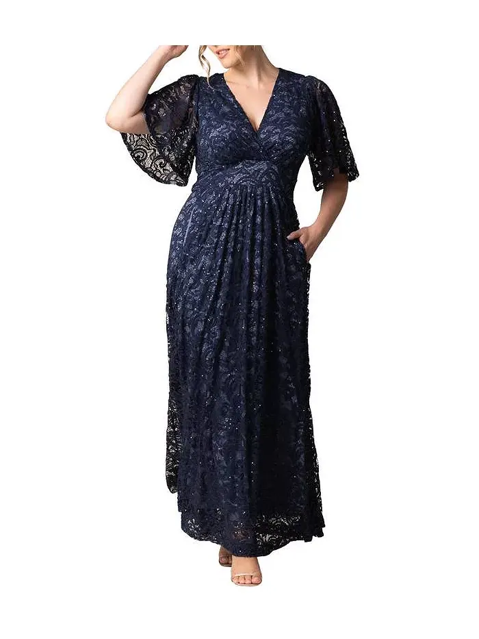 Вечернее платье с люрексом и кружевом Plus Size Luminous Sequin с карманами Kiyonna — синий