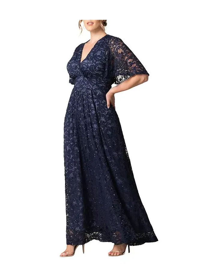 Вечернее платье с люрексом и кружевом Plus Size Luminous Sequin с карманами Kiyonna — изображение 5 из 5, темно-синий
