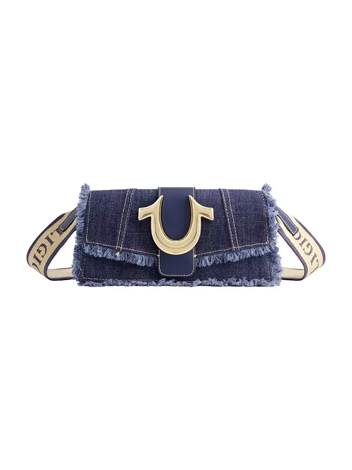 Сумка-клапан из потертого денима с логотипом на ремне True Religion — синий