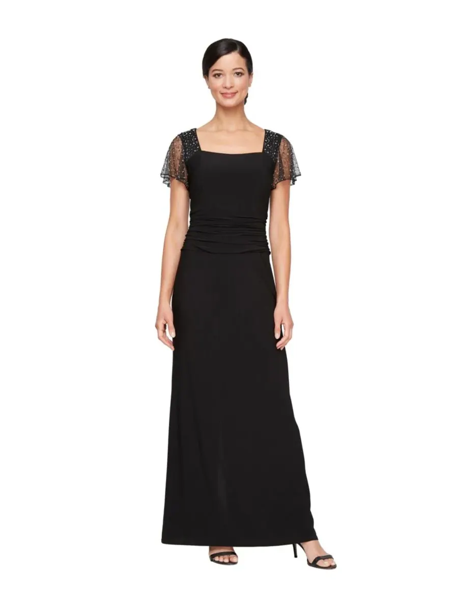 Женское длинное платье с рукавами-иллюзиями SL Fashions — черный