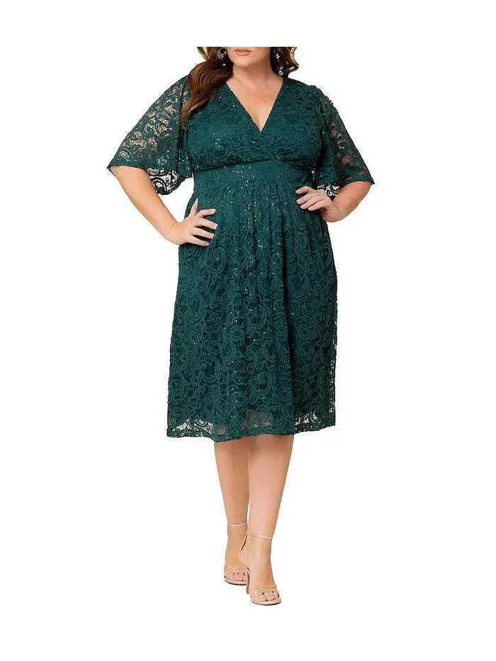 Женское платье для коктейля с кружевом и пайетками в виде звезд Plus Size Kiyonna — изображение 1 из 6, зеленый