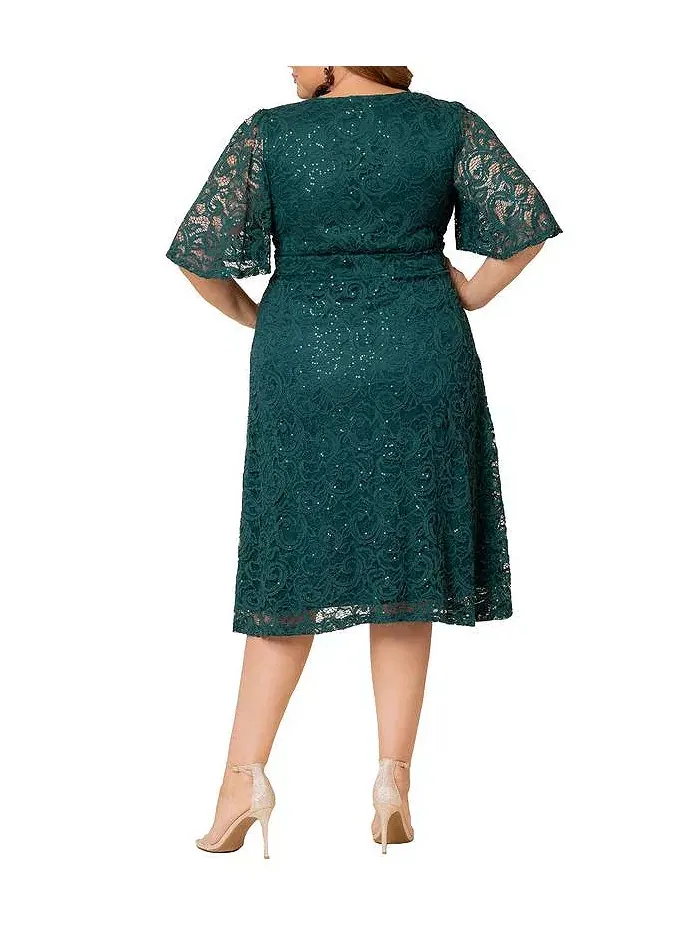 Женское платье для коктейля с кружевом и пайетками в виде звезд Plus Size Kiyonna — изображение 2 из 6, зеленый