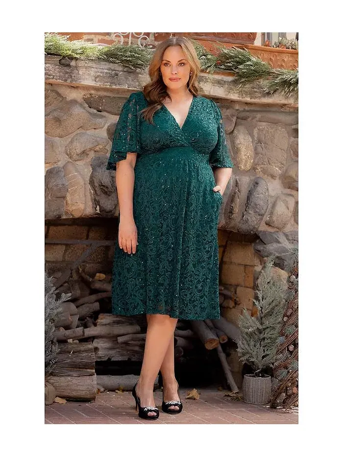 Женское платье для коктейля с кружевом и пайетками в виде звезд Plus Size Kiyonna — изображение 3 из 6, зеленый