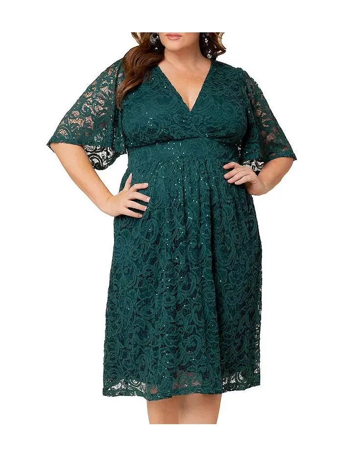 Женское платье для коктейля с кружевом и пайетками в виде звезд Plus Size Kiyonna — изображение 5 из 6, зеленый