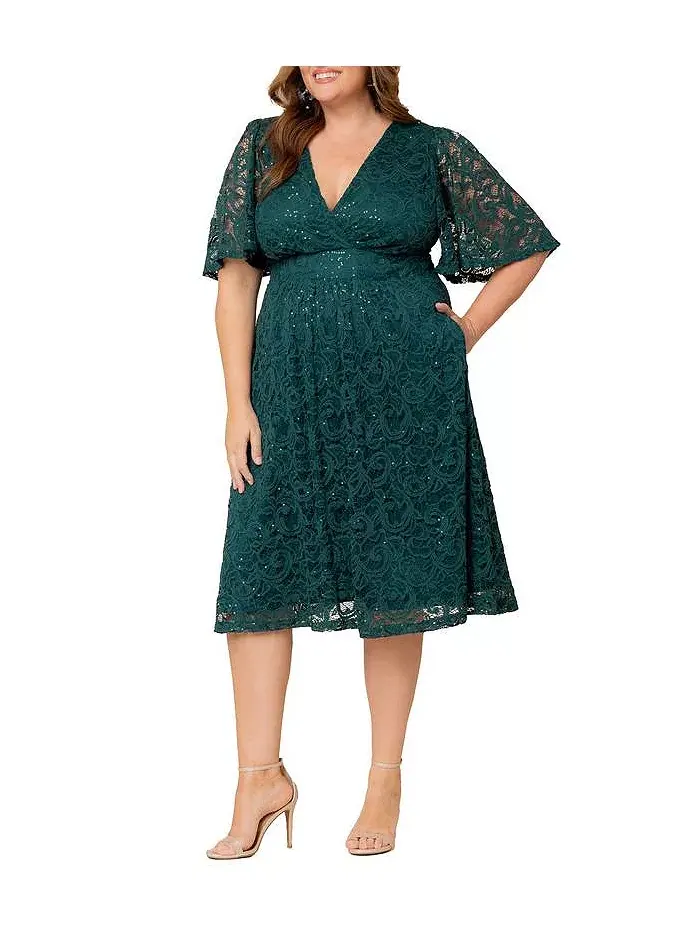 Женское платье для коктейля с кружевом и пайетками в виде звезд Plus Size Kiyonna — изображение 6 из 6, зеленый