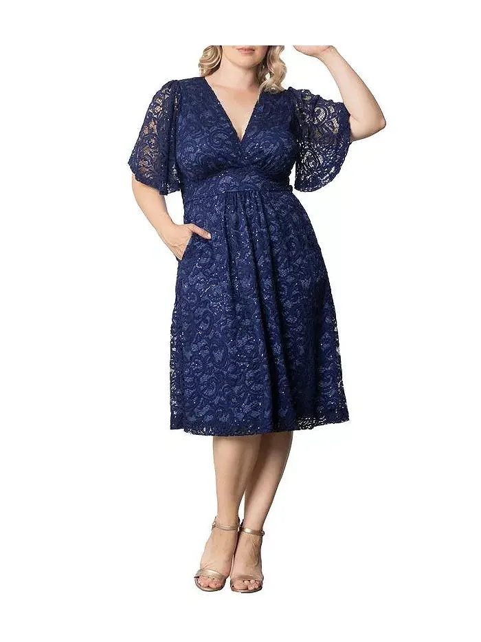 Женское платье для коктейля с кружевом и пайетками в виде звезд Plus Size Kiyonna — изображение 1 из 3, темно-синий