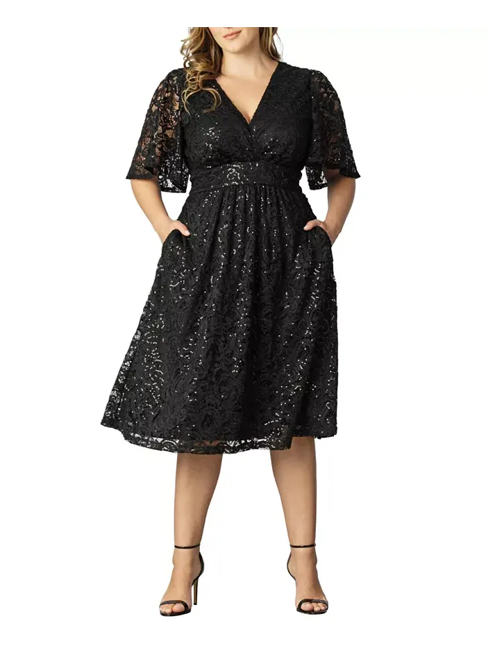 Женское платье для коктейля с кружевом и пайетками в виде звезд Plus Size Kiyonna — изображение 1 из 1, серебристый