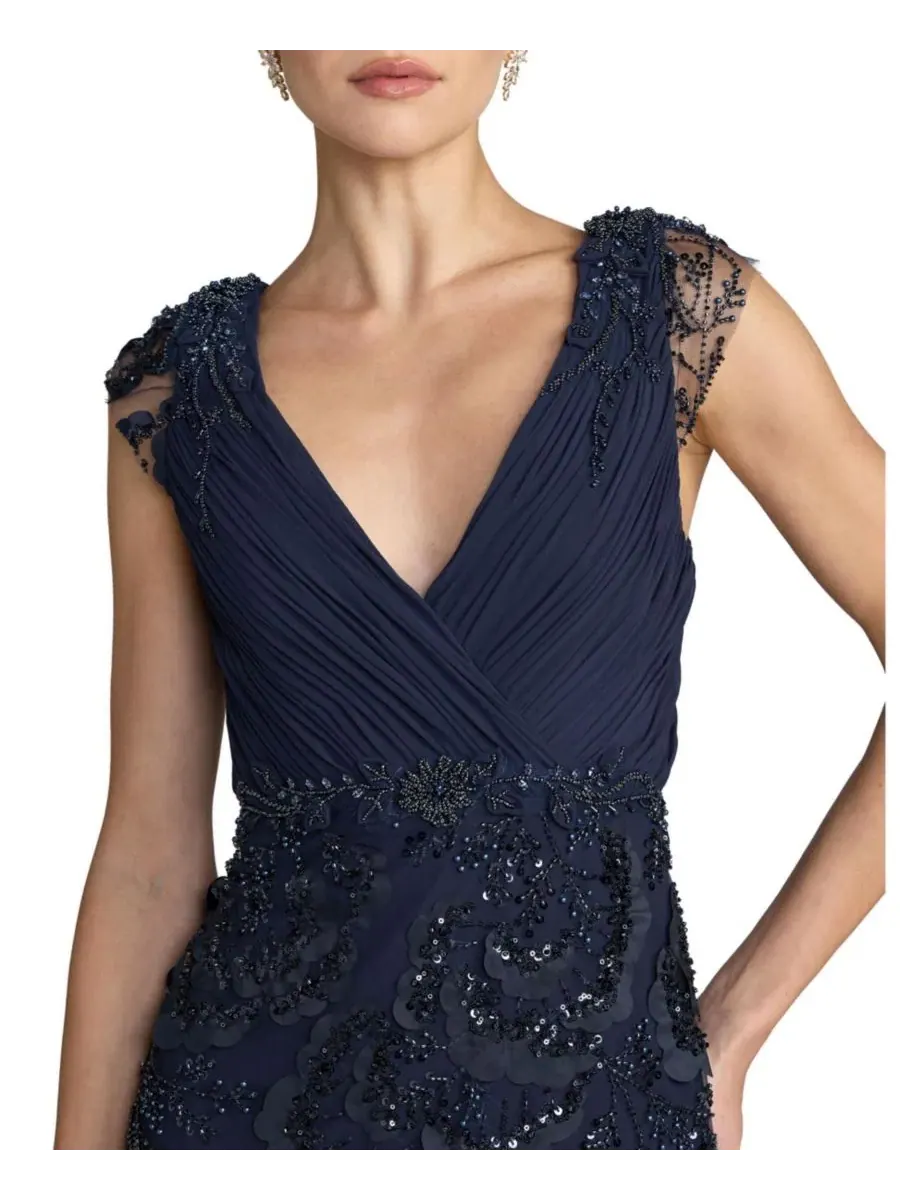 Вечернее платье с цветочной вышивкой и бисером, модель Floral Beaded Chiffon V-Neck Evening Gown — изображение 3 из 3, синий