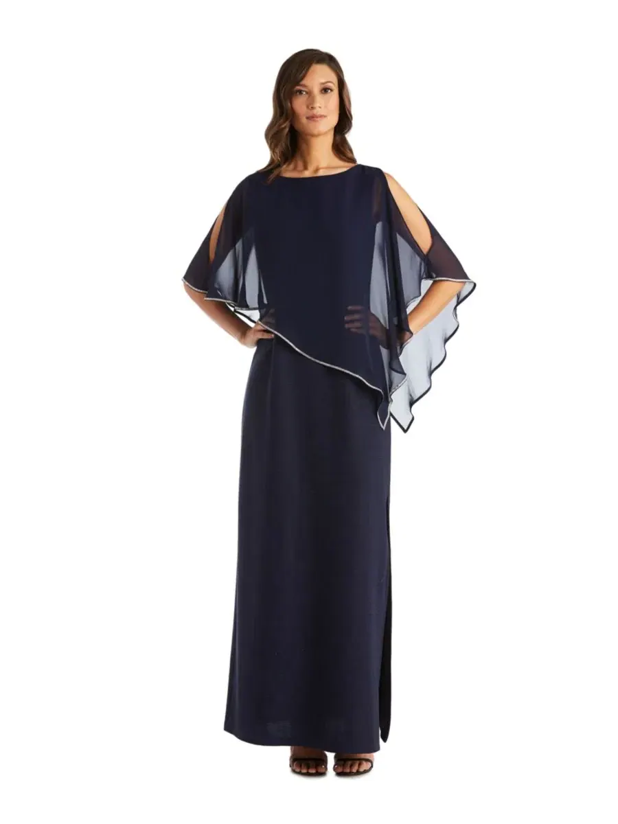 Платье-пончо с пайетками Petite Scoop Neck Rhinestone Poncho Gown R & M Richards — синий