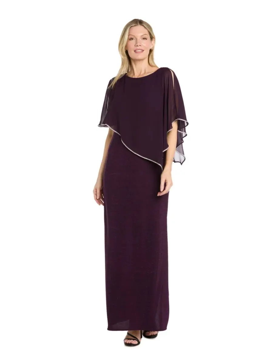 Платье-пончо с пайетками Petite Scoop Neck Rhinestone Poncho Gown R & M Richards — изображение 1 из 3, сливавый