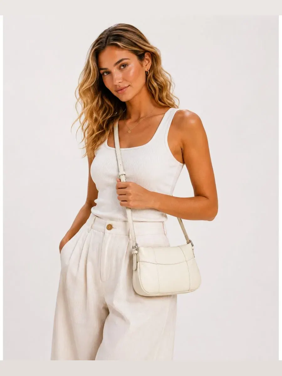 Женская сумка-шопер Muse Pebble Leather Shoulder Bag, минималистичная, Slim East-West SUSU — изображение 6 из 8, белый/белый