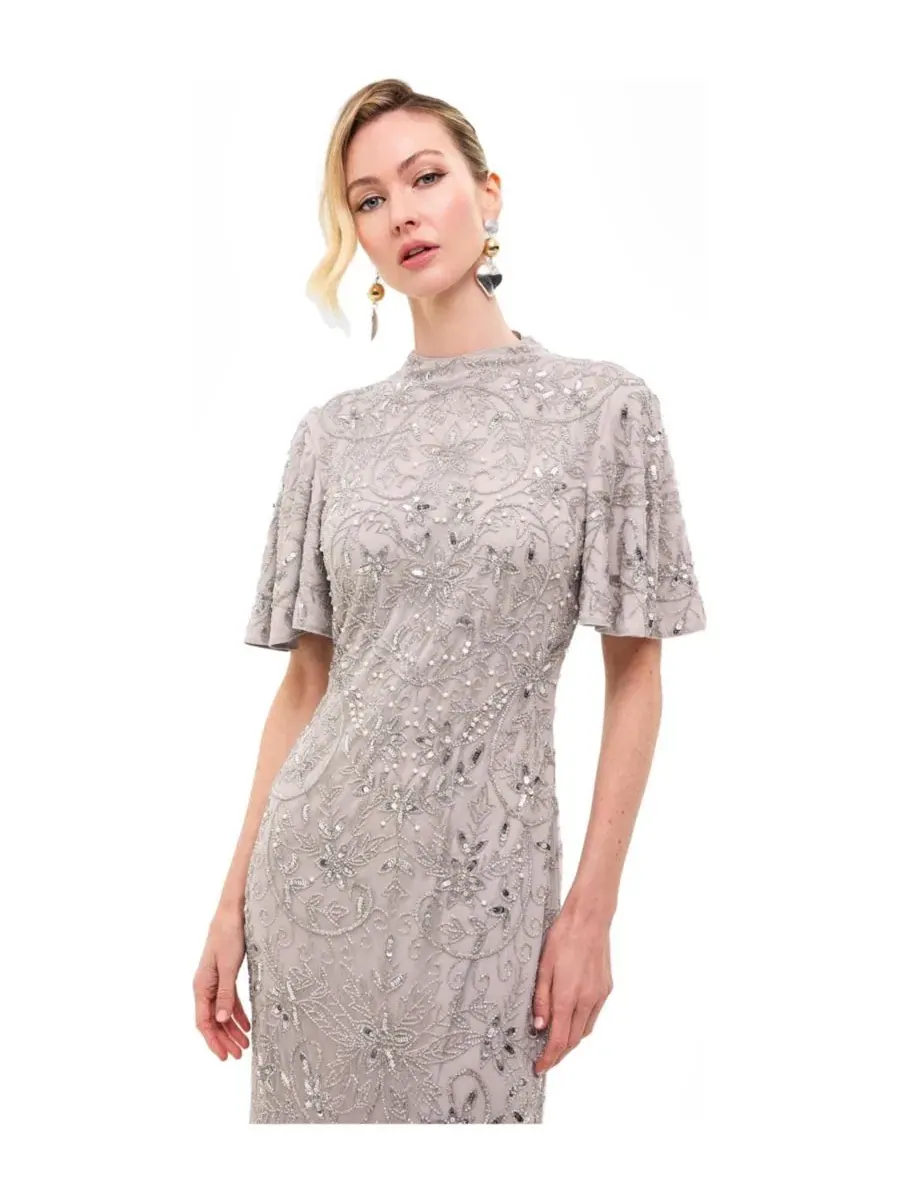 Платье вечернее с вышивкой пайетками High Neck BEAUUT — изображение 3 из 4, серый