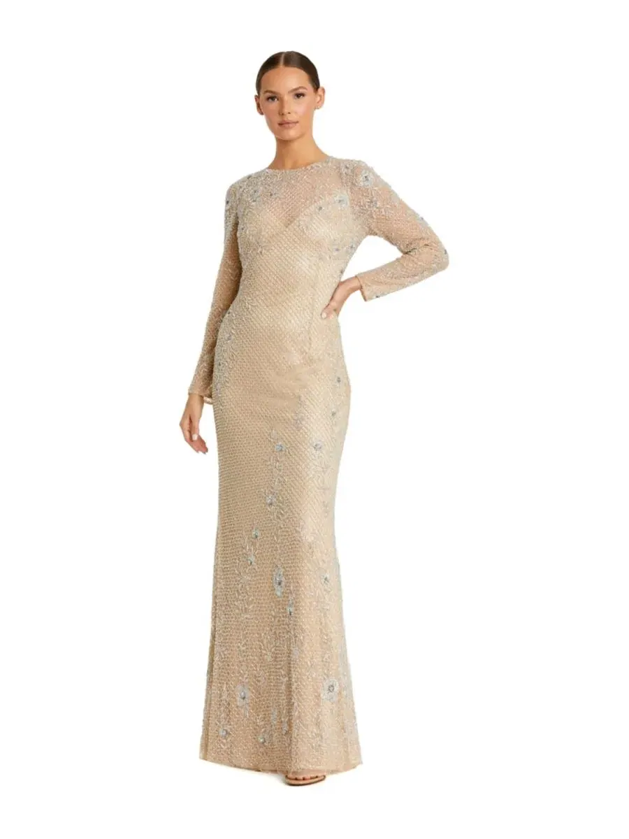 Вечернее платье с длинным рукавом, с пайетками, модель Beaded Sheath Evening Gown Mac Duggal