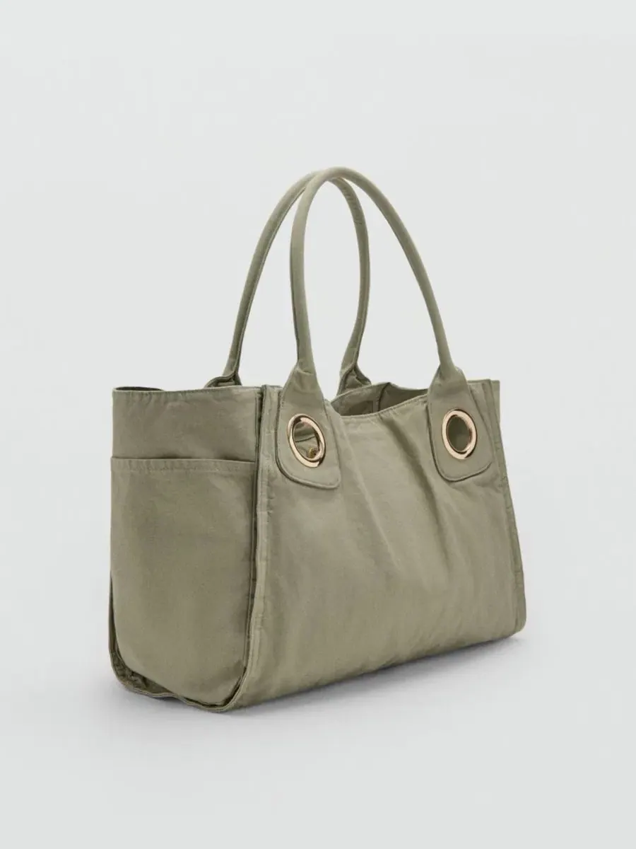 Сумка-шопер из хлопкового канваса с люверсами Eyelets Canvas Bag MANGO — изображение 5 из 9, бирюзовый