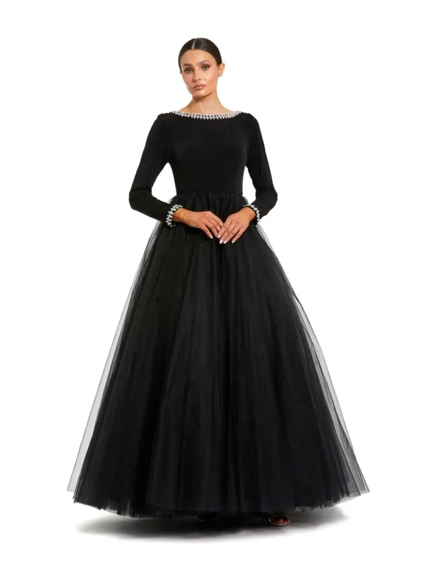 Вечернее платье с длинным рукавом, с блестящей отделкой, Petite Embellished Jersey Long Sleeve