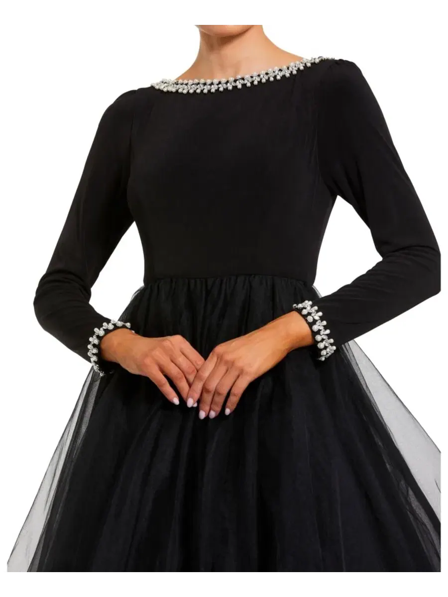 Вечернее платье с длинным рукавом, с блестящей отделкой, Petite Embellished Jersey Long Sleeve — изображение 3 из 3, черный