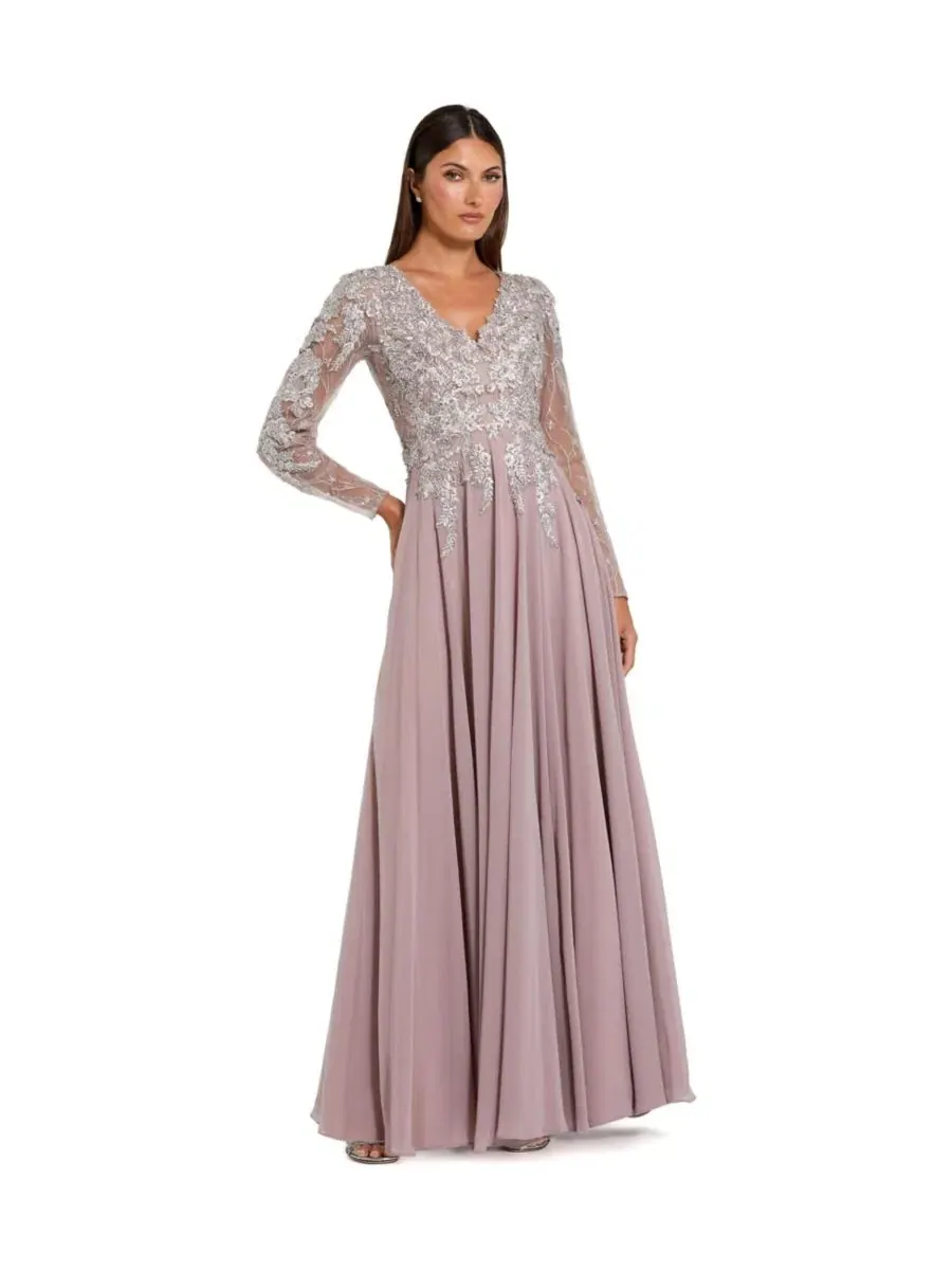 Вечернее платье-макси с вышивкой и кружевным лифом, модель Floral Embroidered Illusion V-neck