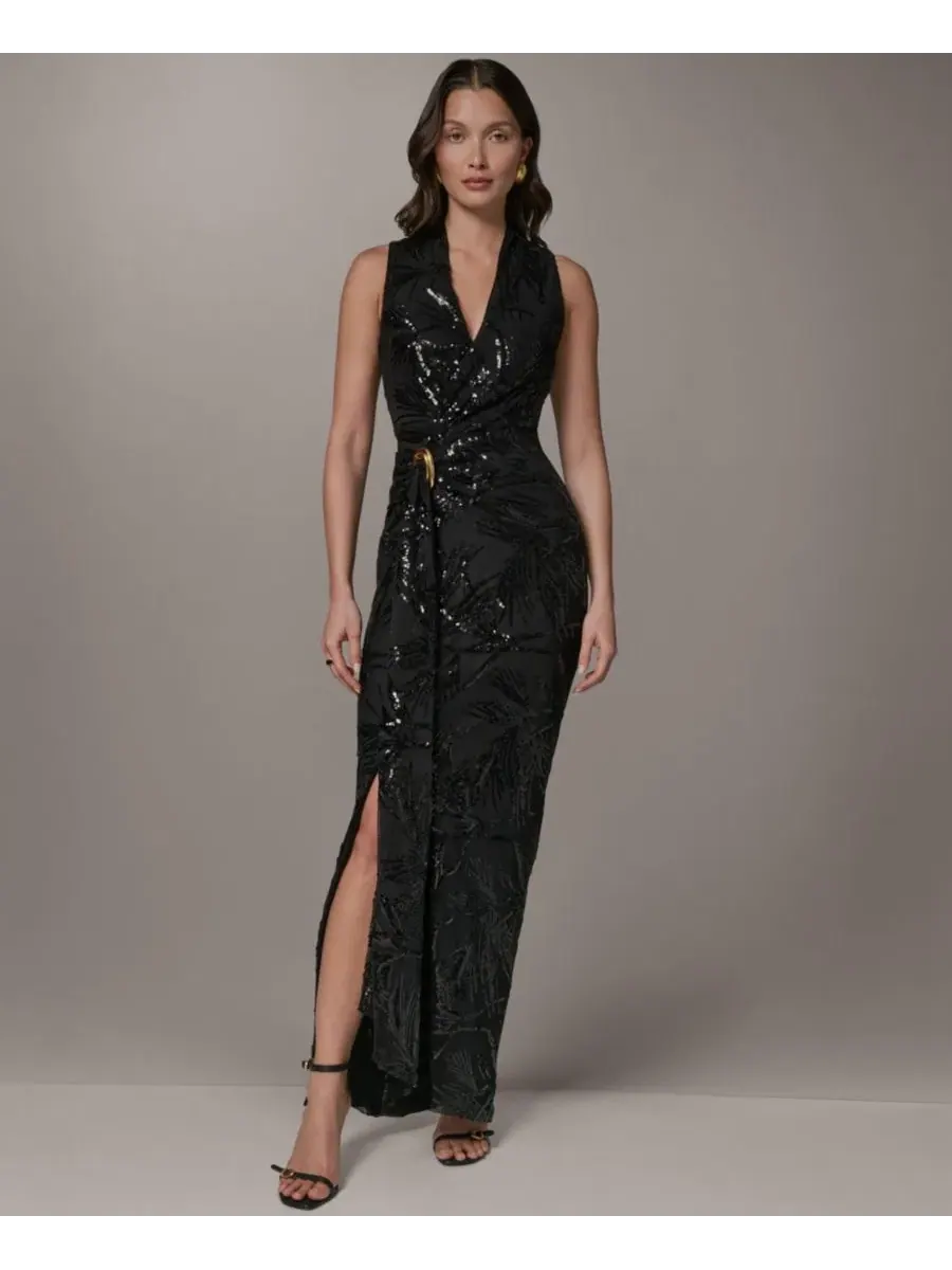 Платье вечернее с блестками, с V-образным вырезом, длинное Donna Karan New York