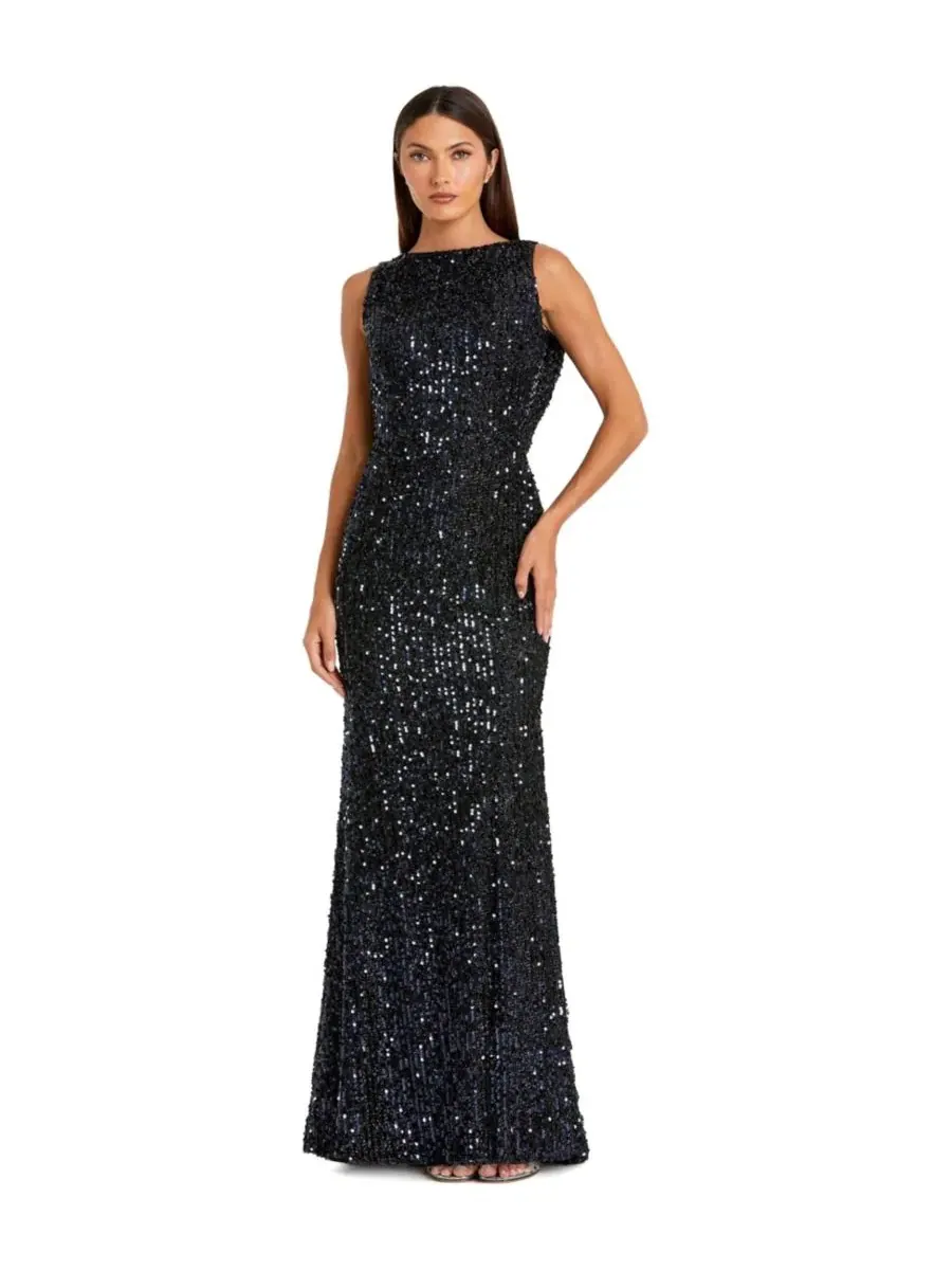 Вечернее платье без рукавов с пайетками, модель Petite Sleeveless Sequin Cowl Back Evening Gown Mac