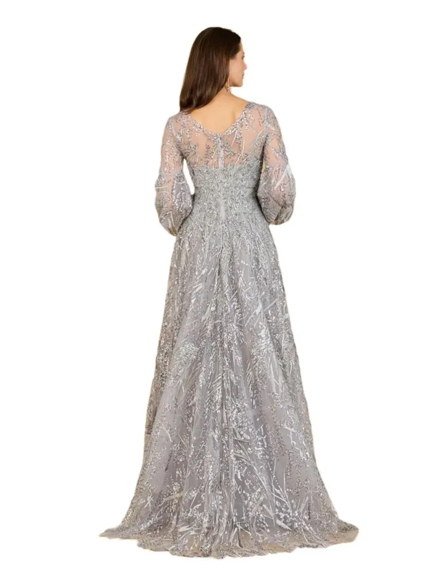 Вечернее платье с длинным рукавом, кружевное, со стразами, модель V Neckline Long Sleeve Gown Lara — изображение 2 из 3