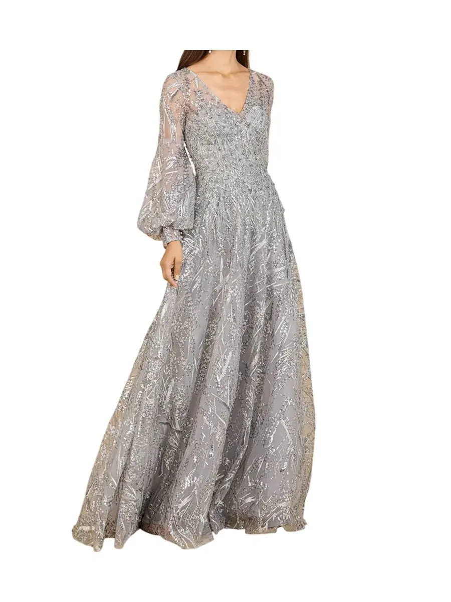 Вечернее платье с длинным рукавом, кружевное, со стразами, модель V Neckline Long Sleeve Gown Lara — изображение 3 из 3