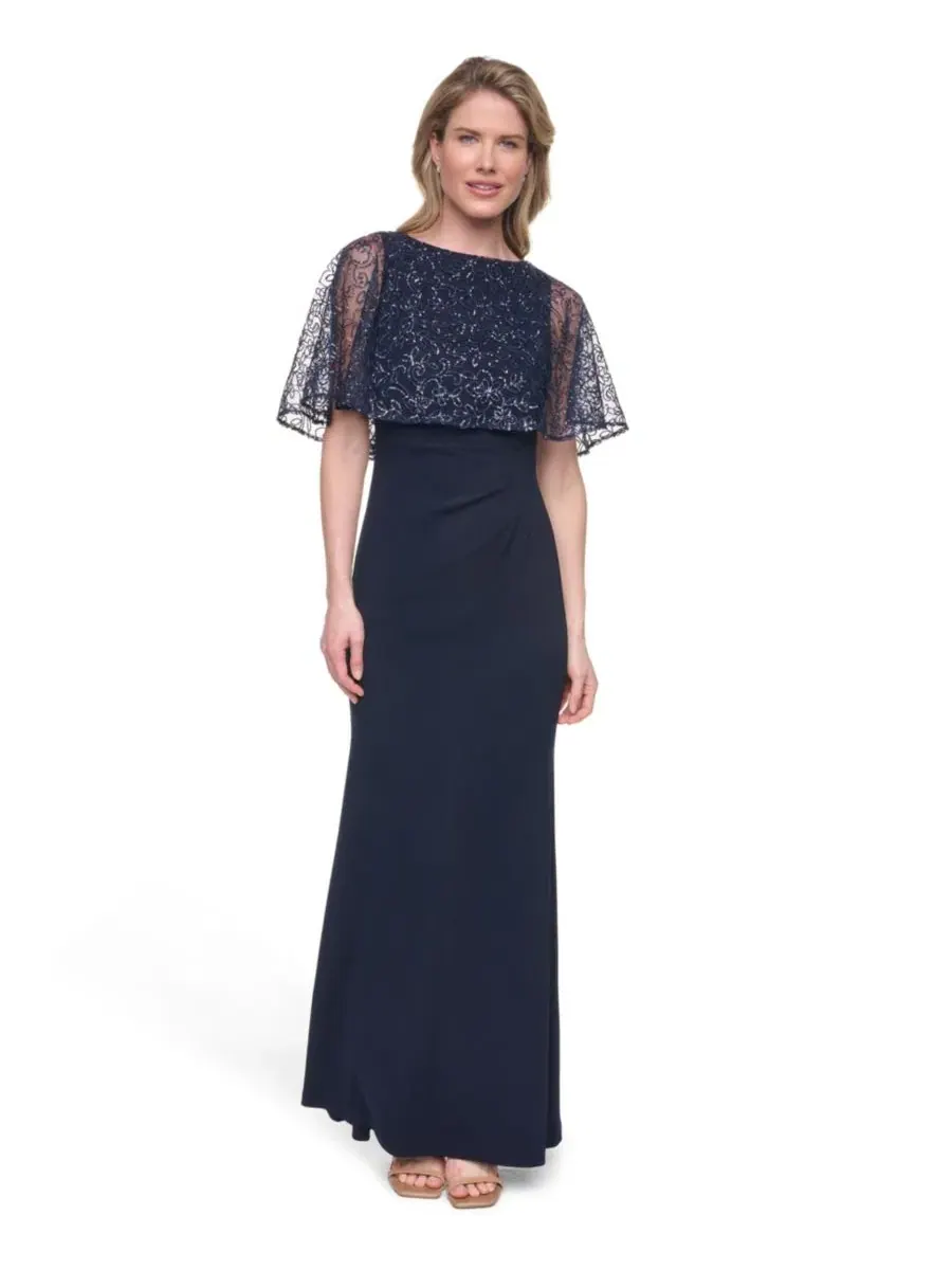 Платье вечернее с накидкой и пайетками, Petite Capelet Boat Neck Sequin Detail Gown Jessica Howard — синий