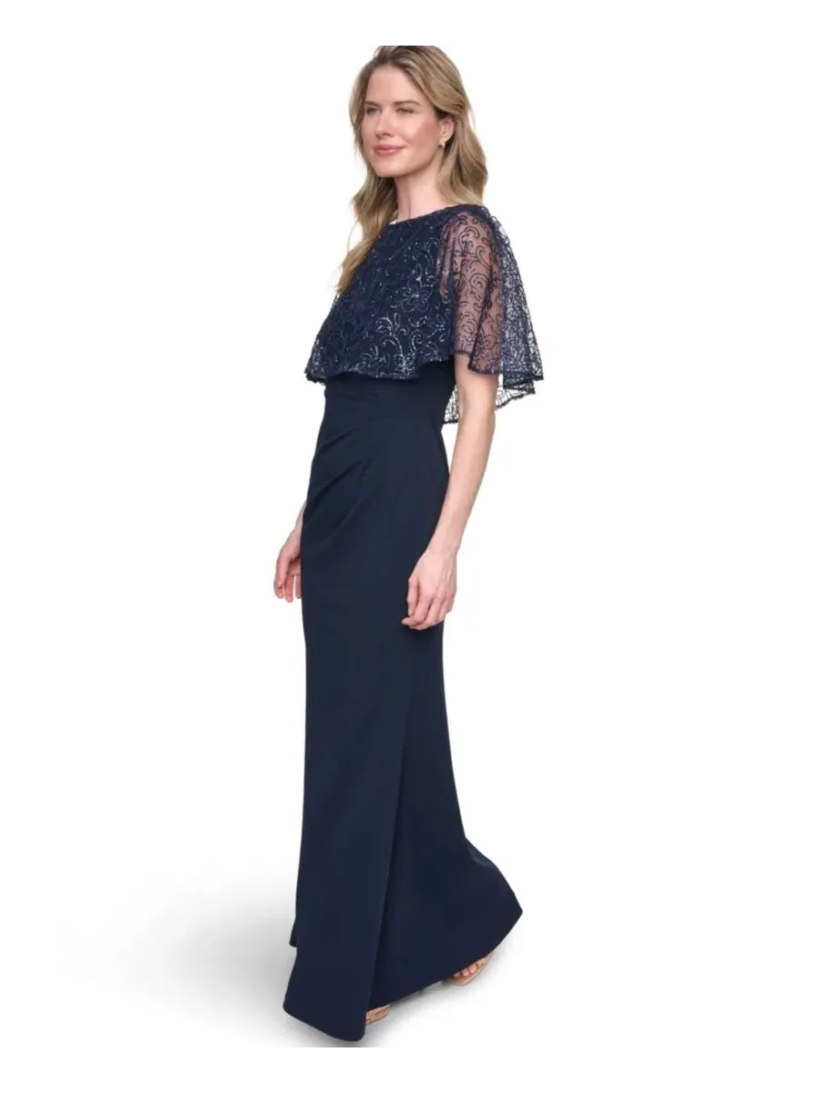 Платье вечернее с накидкой и пайетками, Petite Capelet Boat Neck Sequin Detail Gown Jessica Howard — изображение 3 из 5
