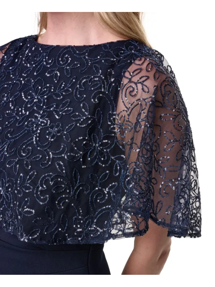 Платье вечернее с накидкой и пайетками, Petite Capelet Boat Neck Sequin Detail Gown Jessica Howard — изображение 4 из 5