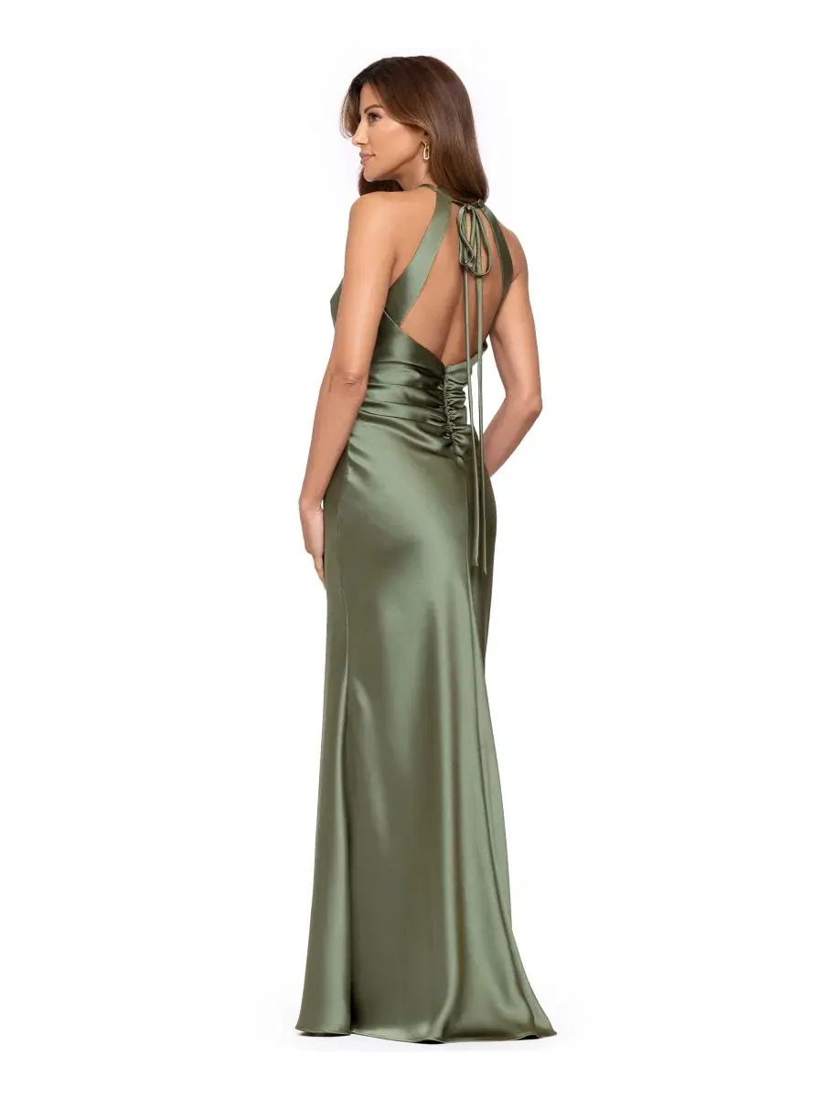 Вечернее платье-халтер без рукавов Satin Halter Gown XSCAPE — изображение 4 из 5, оливковый
