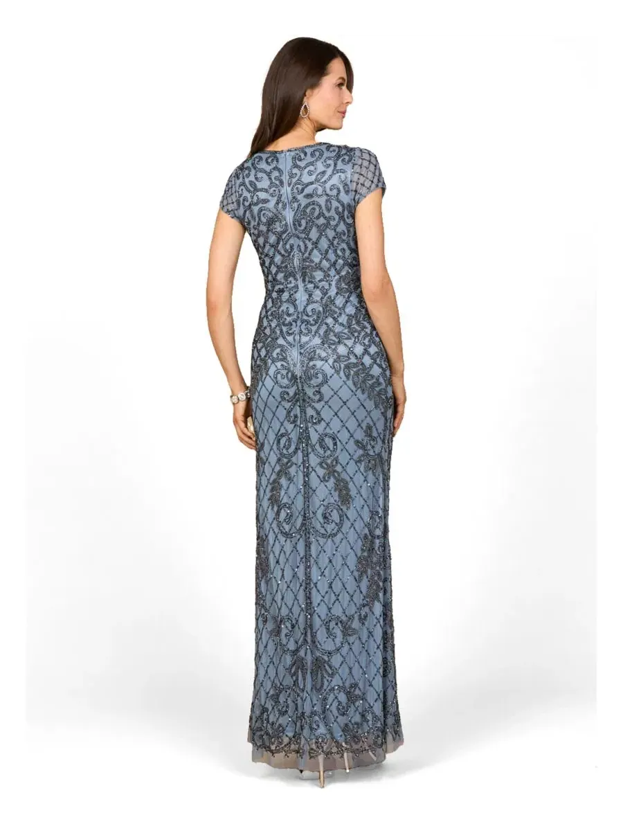 Вечернее платье с бисером, без рукавов, модель Cap Sleeve Mermaid Beaded Gown Lara — изображение 2 из 3, синий