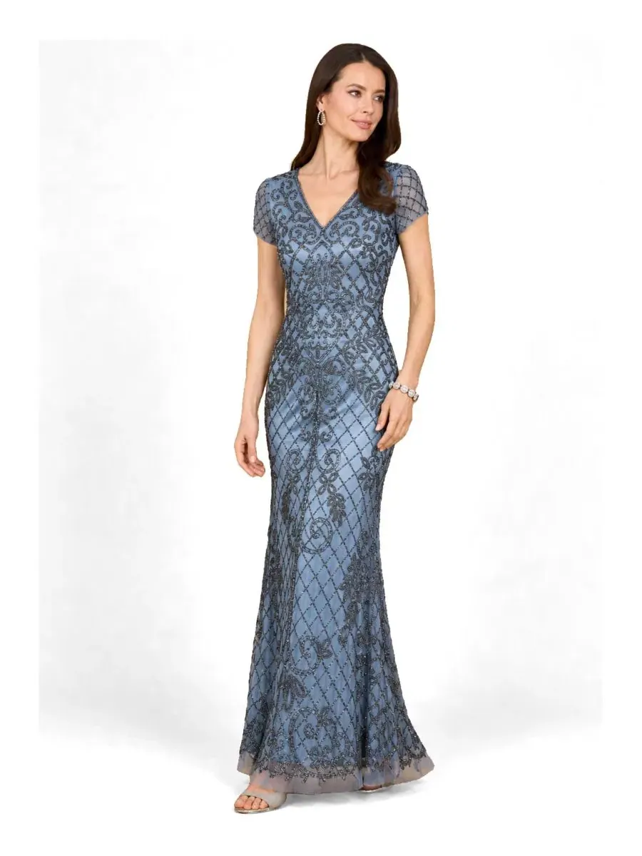 Вечернее платье с бисером, без рукавов, модель Cap Sleeve Mermaid Beaded Gown Lara — изображение 3 из 3, синий